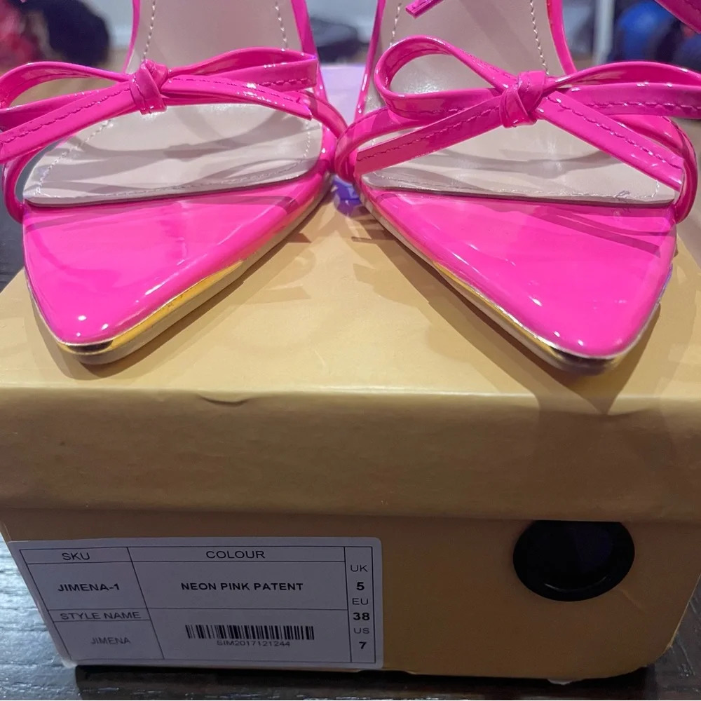 SIMMI High Heels Bowknot Neon Pink Patent Sandals Stiletto Mules Shoe Size 8. - Picture 7 of 8